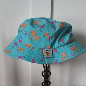 Malibu Blue Bucket Hat with Flamingo and Palm Tree Print